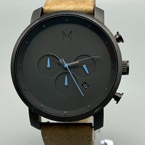 MVMT Chronograph Watch 45mm Black Stainless Date Leather Band New Battery